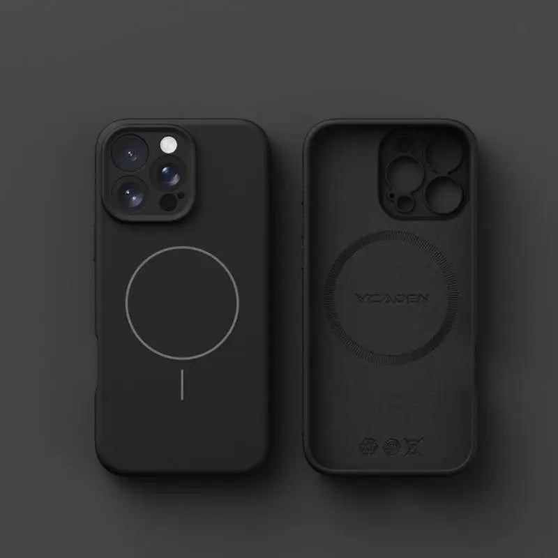 Two black smartphone cases, one showing the exterior with a magnetic ring and the other showing the interior.