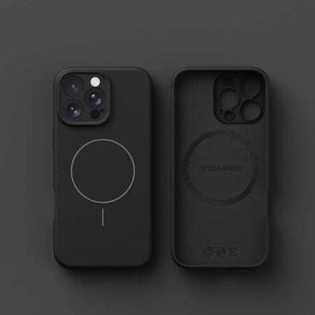 Two black smartphone cases, one showing the exterior with a magnetic ring and the other showing the interior.