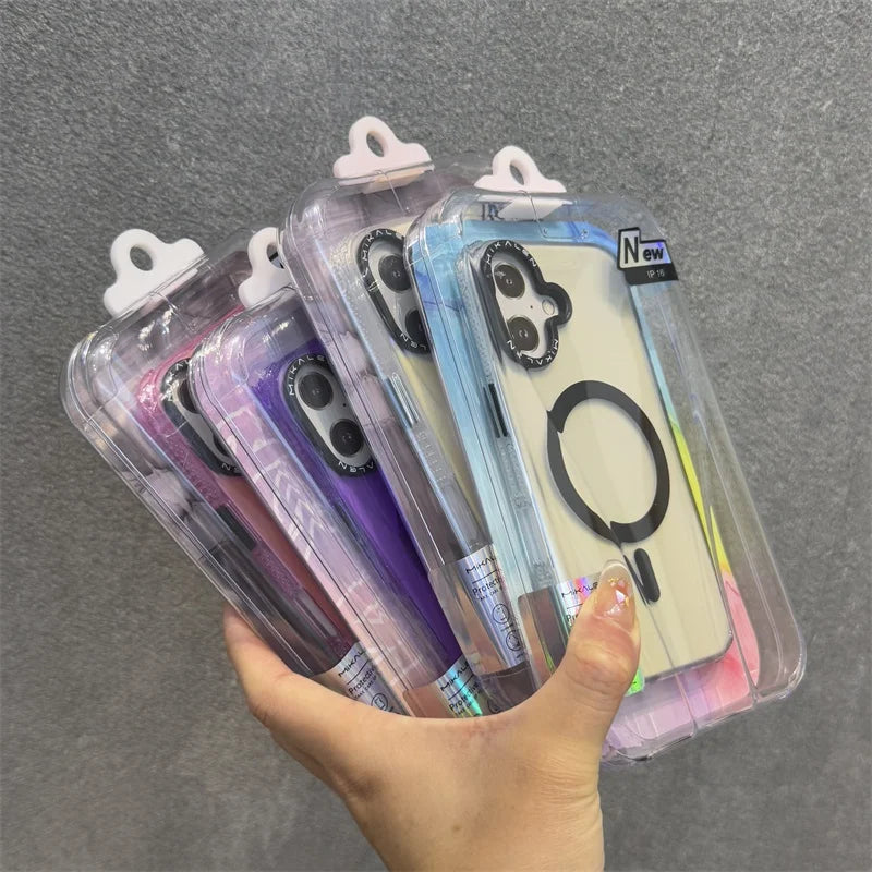 A collection of clear, iridescent phone cases with MagSafe rings, featuring different color accents.