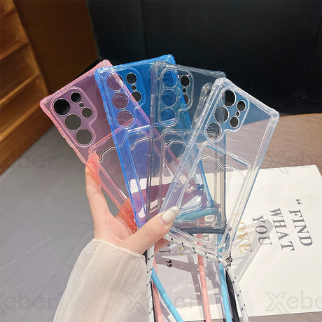 A collection of clear, iridescent phone cases in various colors.