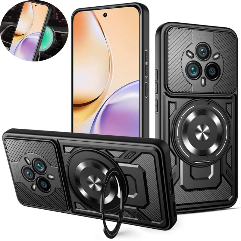 Black smartphone case with a sliding camera cover and an integrated magnetic ring holder/kickstand.