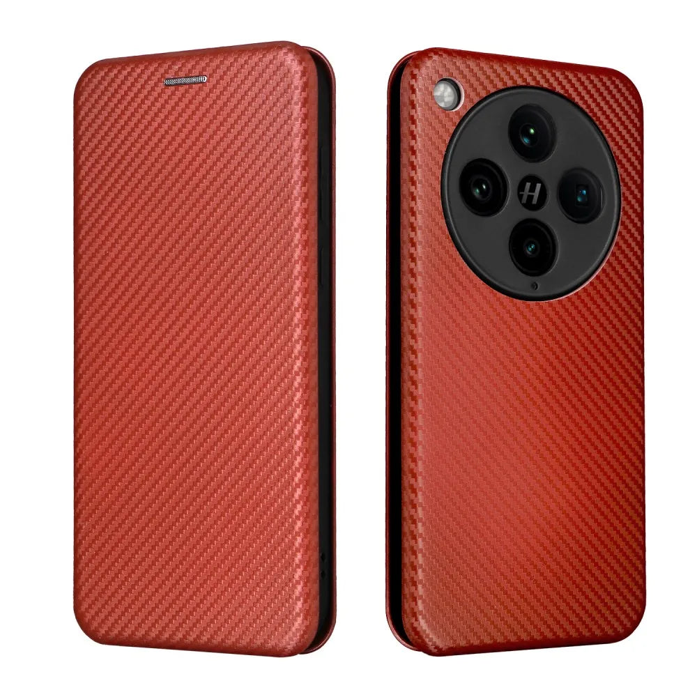 Red carbon fiber smartphone case with a circular camera cutout.