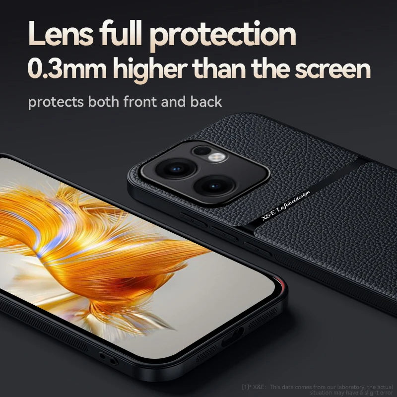 Black phone case with a textured, leather-like back and raised camera protection.