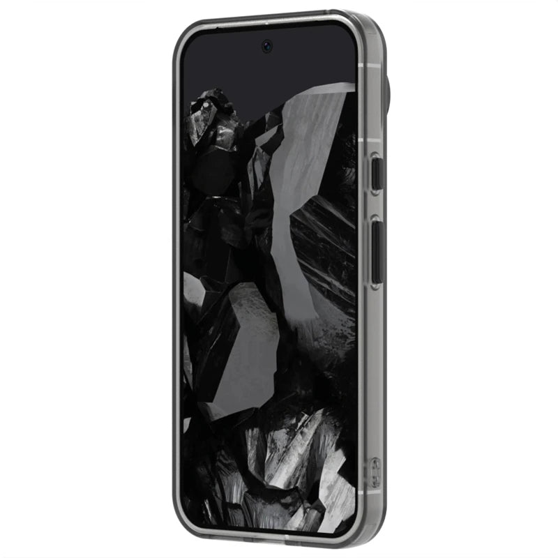 A smartphone with a transparent protective case, displaying a dark, abstract wallpaper.