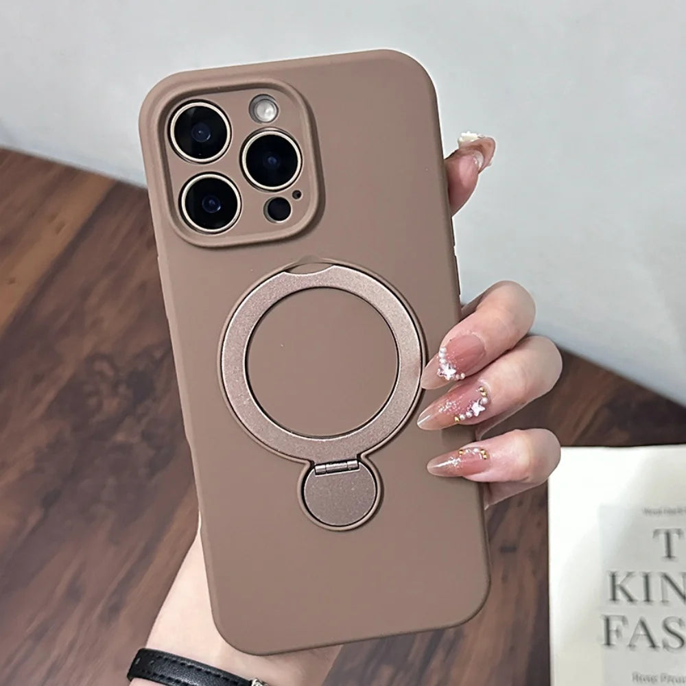 Brown iPhone case with a built-in ring stand.