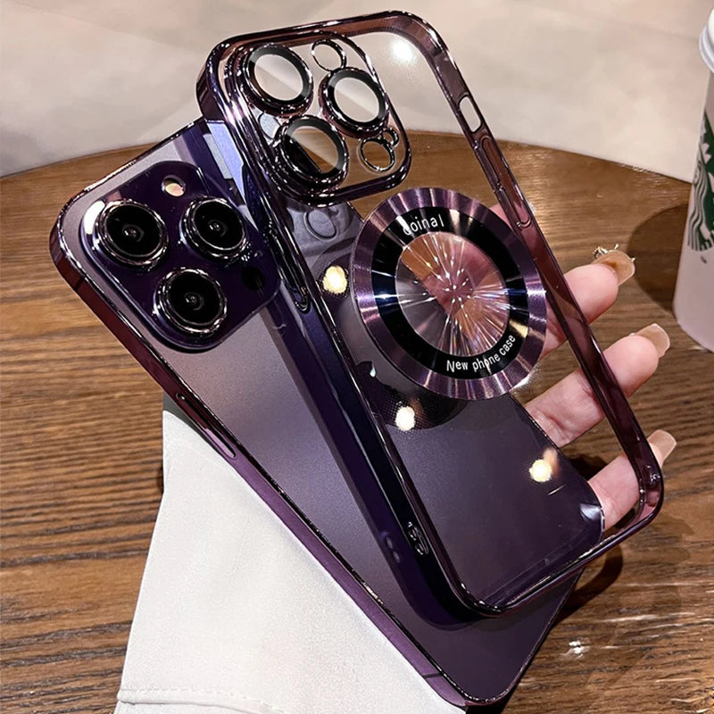 Purple transparent phone case with a camera lens protector and a built-in ring holder.