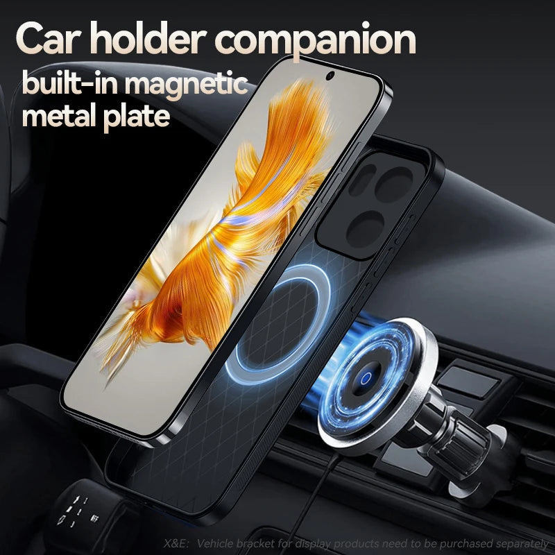 Magnetic phone case with an integrated metal plate for car holders.