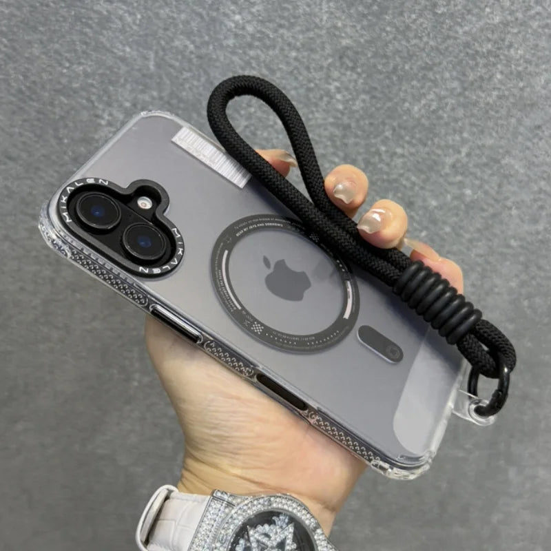 Clear phone case with a black lanyard, dual camera cutout, and integrated MagSafe ring.
