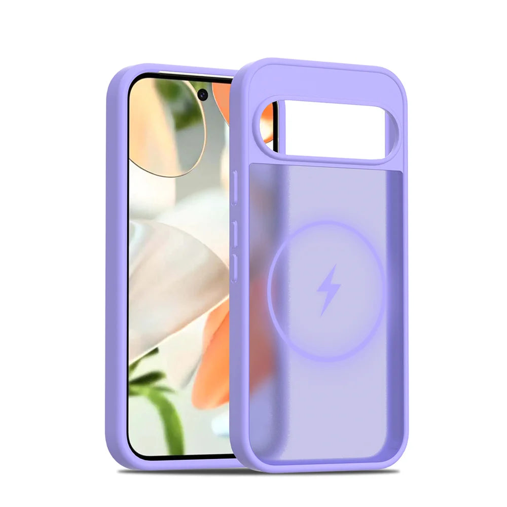 A purple phone case with a transparent back, featuring a prominent circular charging symbol.