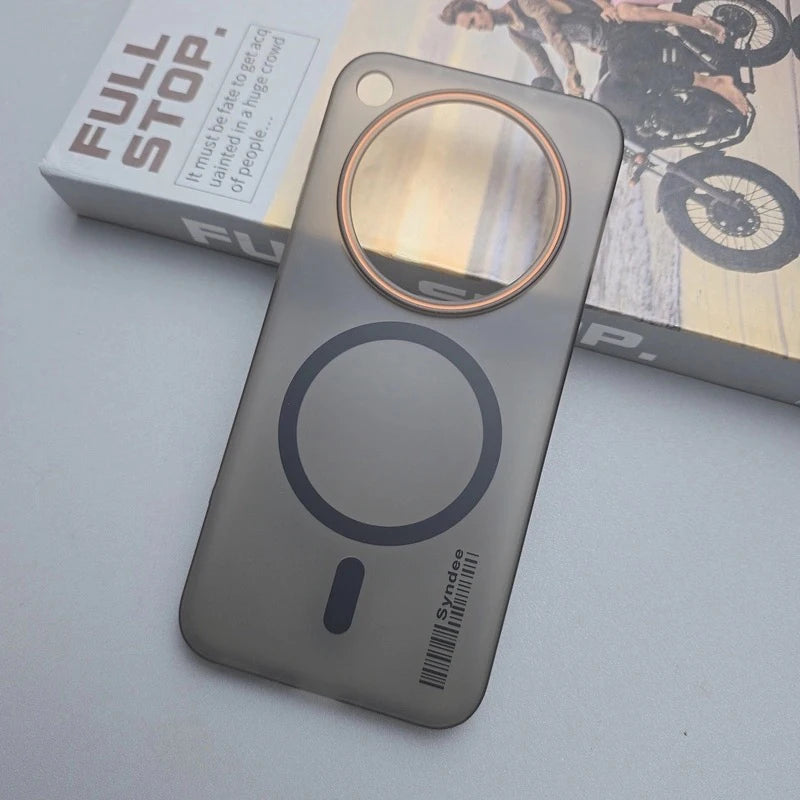 Translucent gray phone case with a large circular camera cutout and a magnetic charging ring.