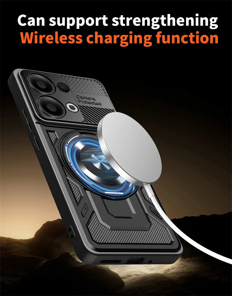 A smartphone in a rugged black case with a built-in magnetic ring for wireless charging.