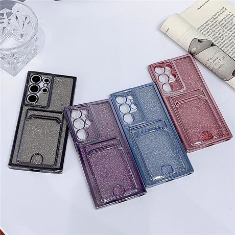 Four glittery phone cases with card slots in various colors.