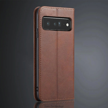 Brown faux leather wallet case for a smartphone with a horizontal camera bar.