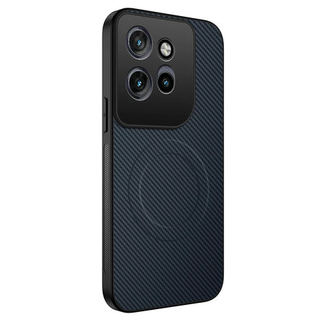 Dark blue carbon fiber patterned phone case with a black camera module area.