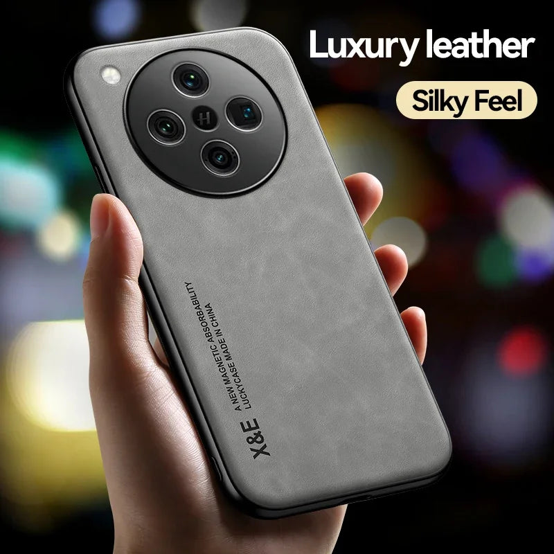 Gray leather phone case with a large circular camera cutout and four lens openings.