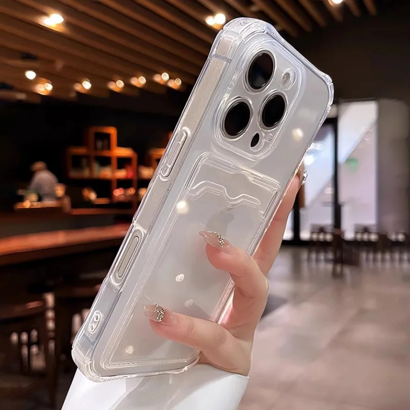 Clear iPhone case with a card holder.