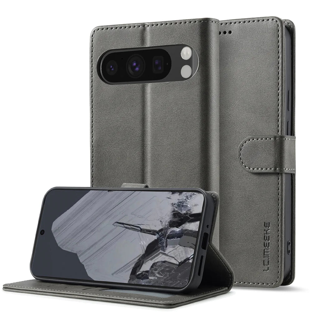 Gray faux leather wallet phone case with a kickstand feature.