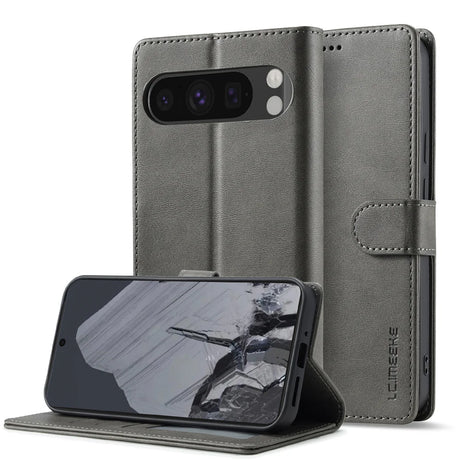 Gray faux leather wallet phone case with a kickstand feature.