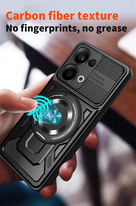 Black carbon fiber texture phone case with a camera cover and magnetic ring holder.