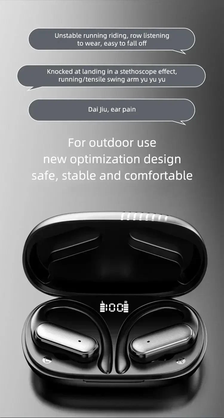 Black wireless earbuds in an open charging case.