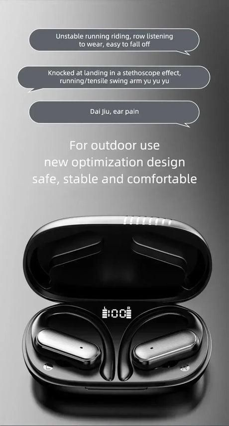 Black wireless earbuds in an open charging case.
