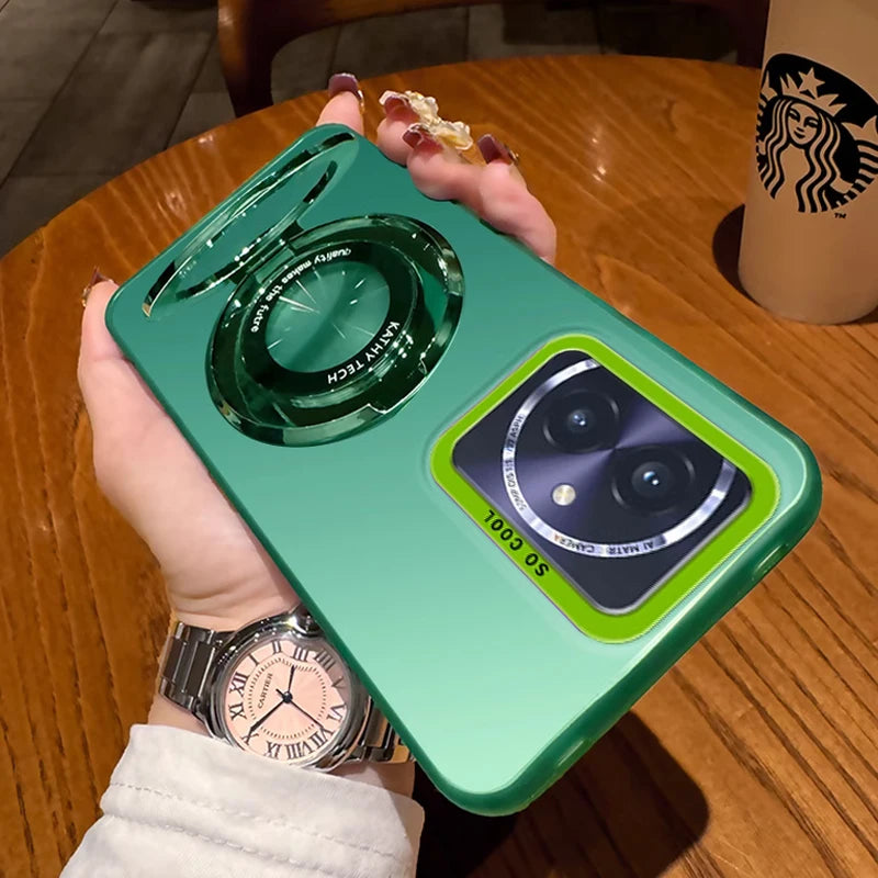Green smartphone case with a built-in ring stand and a prominent camera module.