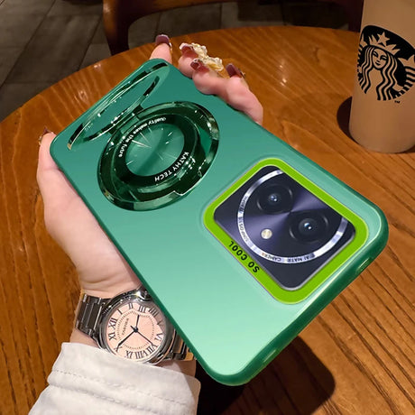 Green smartphone case with a built-in ring stand and a prominent camera module.