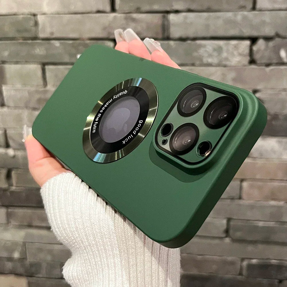 Green smartphone case with a large circular design and prominent camera cutout.
