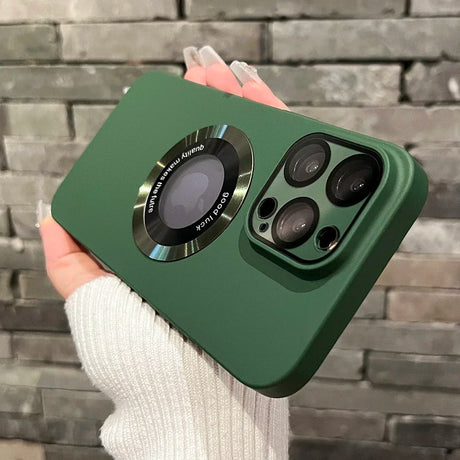 Green smartphone case with a large circular design and prominent camera cutout.