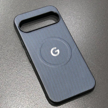A dark grey carbon fiber pattern phone case with a camera cutout and a visible G logo.