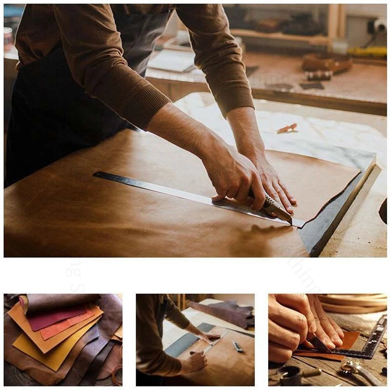 Craftsperson cutting a piece of brown leather with a utility knife and metal ruler.