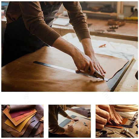 Craftsperson cutting a piece of brown leather with a utility knife and metal ruler.