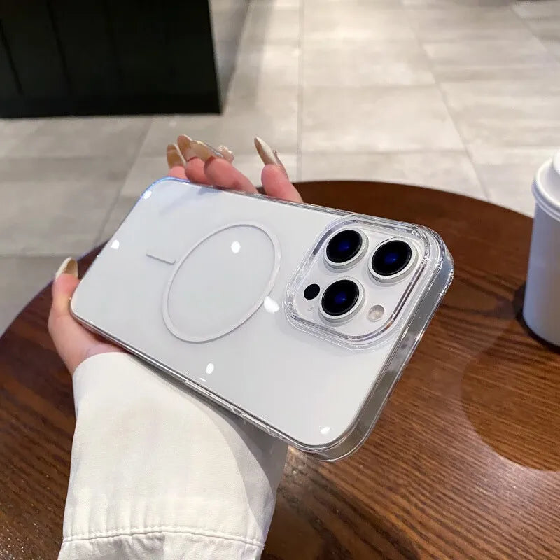 White smartphone with a clear protective case featuring a MagSafe-compatible circle and a triple camera system.