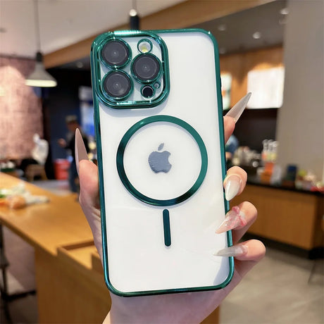 A clear smartphone case with a green border, a built-in magnetic charging ring, and a camera lens protector.