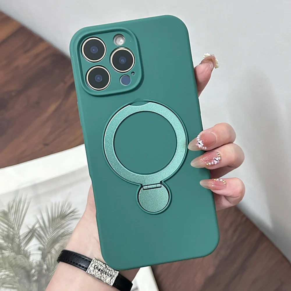 Teal iPhone case with a built-in ring stand.