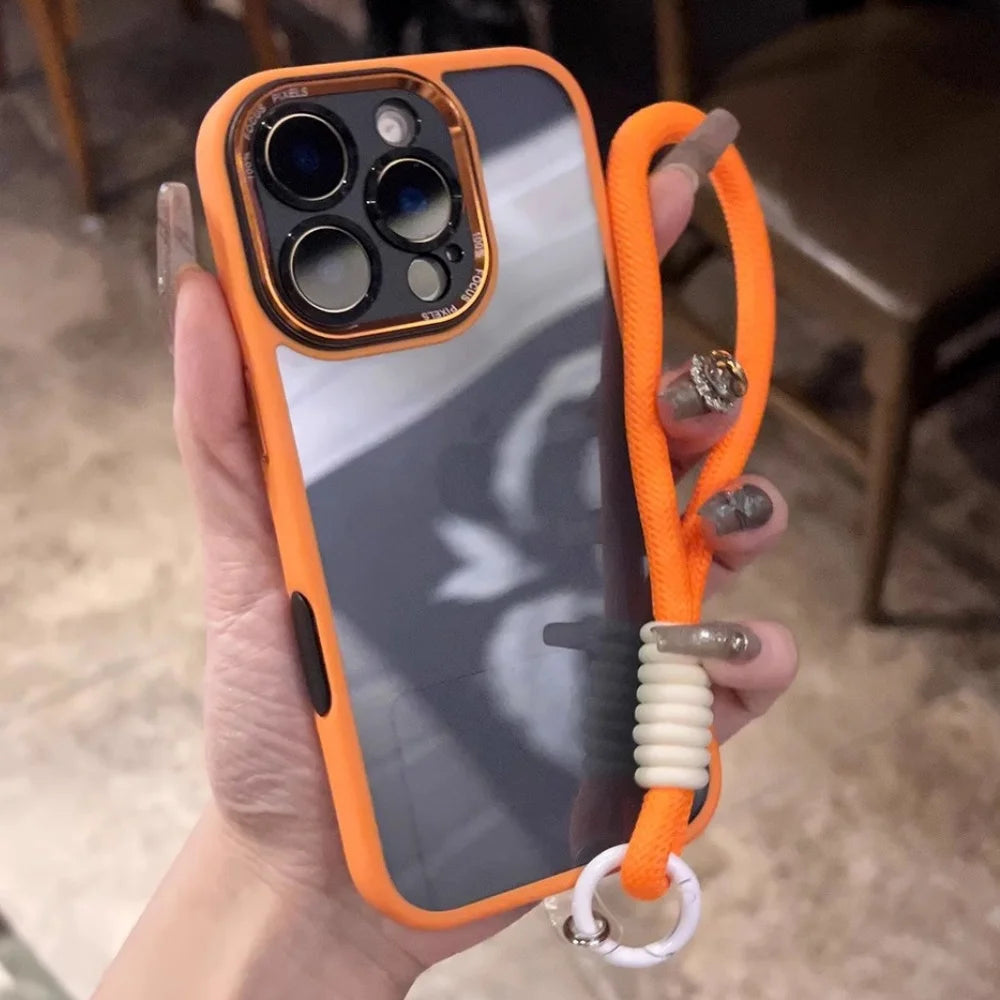 An orange and clear iPhone case with a matching lanyard.