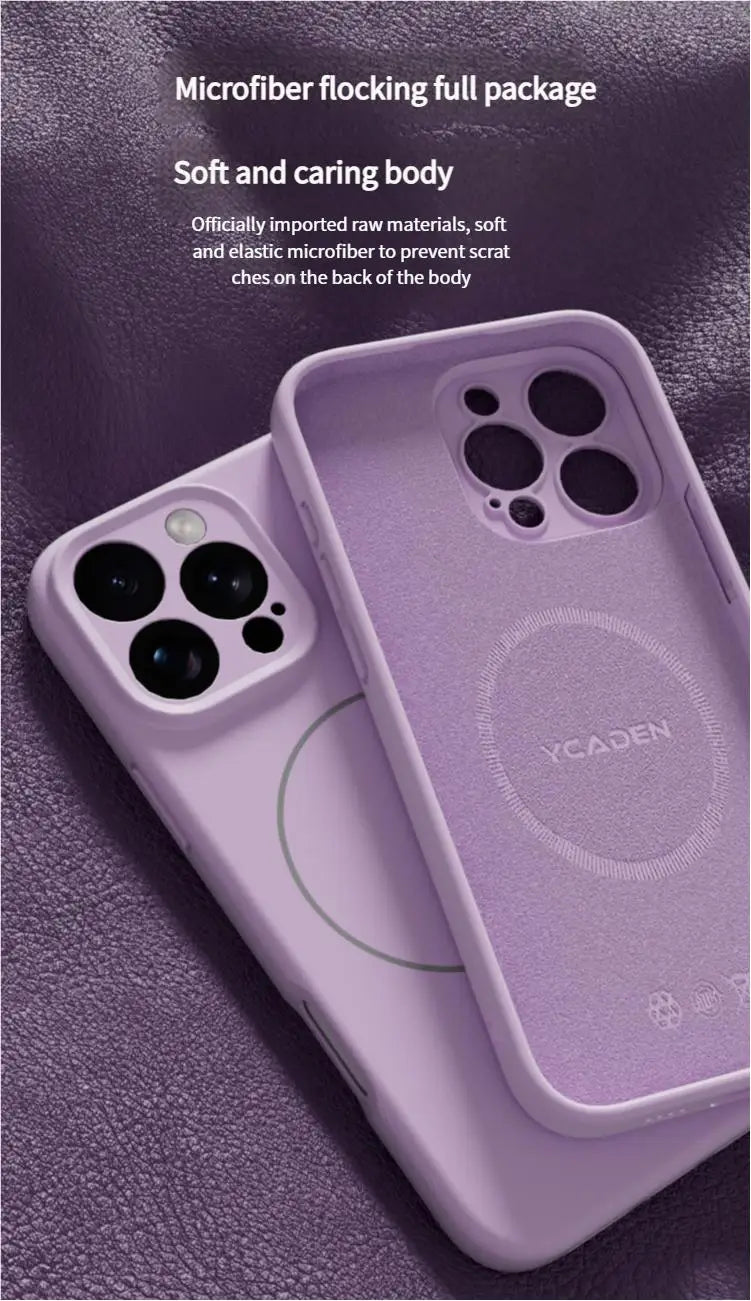 Two lavender phone cases made of microfiber flocking, one with a visible magnetic ring.