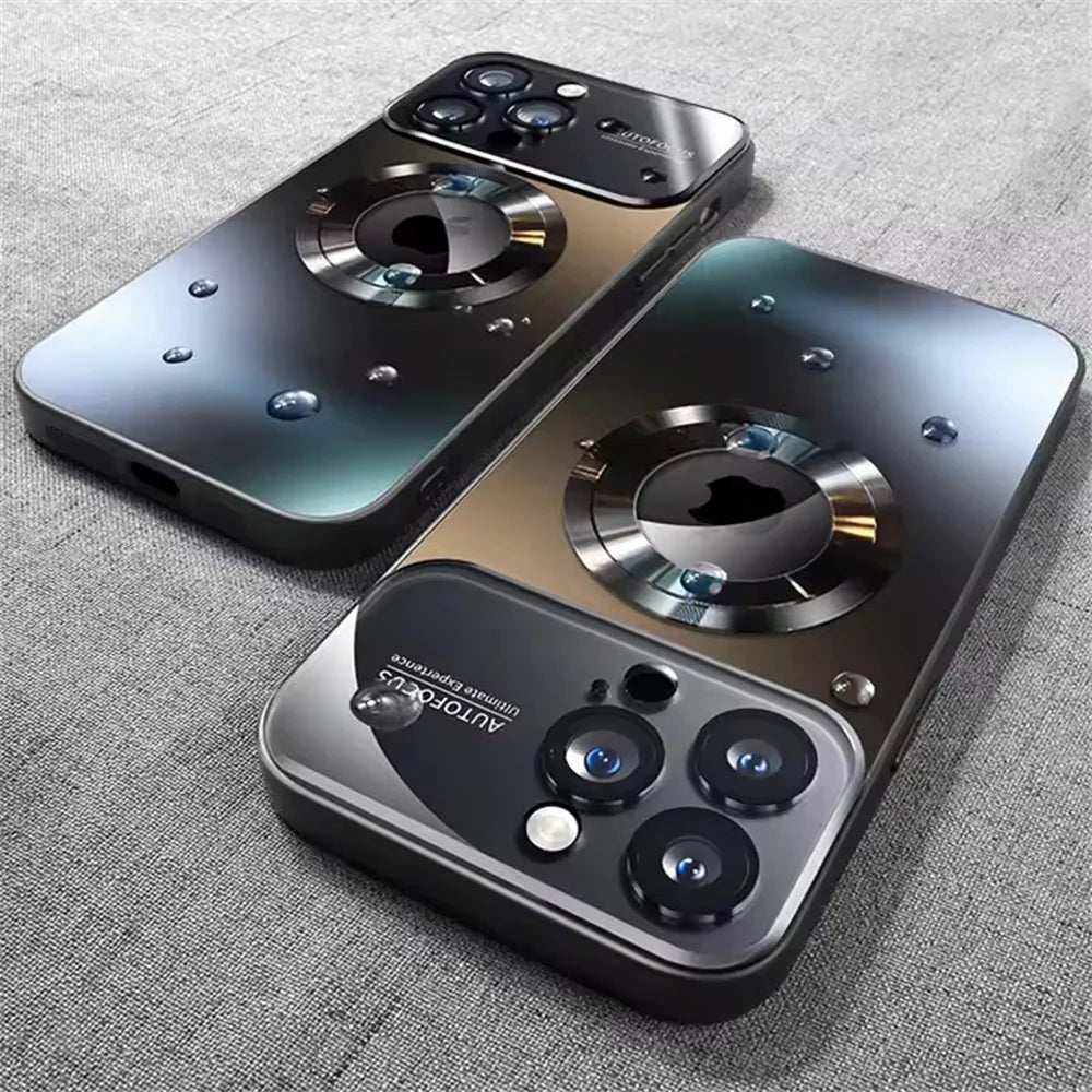 Two clear smartphone cases with a unique, industrial-style back design featuring a prominent circular accent and a triple camera cutout.