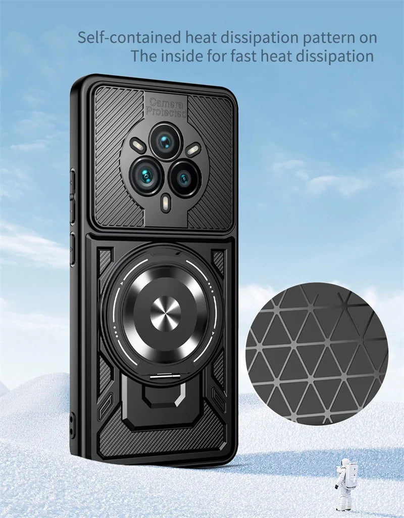 Black phone case with a camera protector and magnetic ring stand.