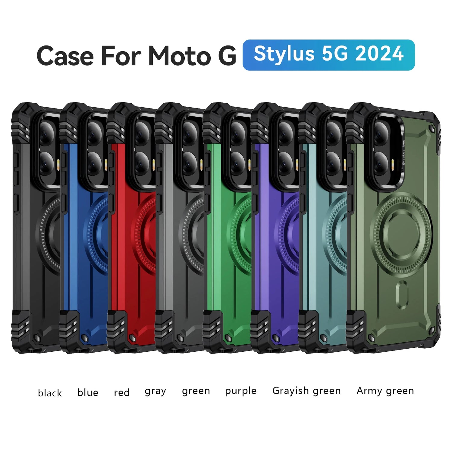 A collection of rugged phone cases for the Moto G Stylus 5G 2024 in various colors, each featuring a built-in kickstand/ring holder.