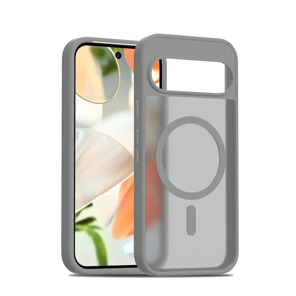 A grey translucent phone case with a visible magnetic ring and a cutout for the camera, next to a smartphone with a screen displaying a blurred image of flowers.