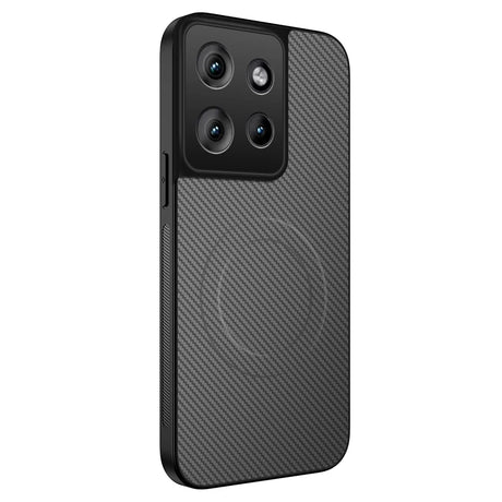 Black smartphone case with a carbon fiber texture and a large camera cutout.