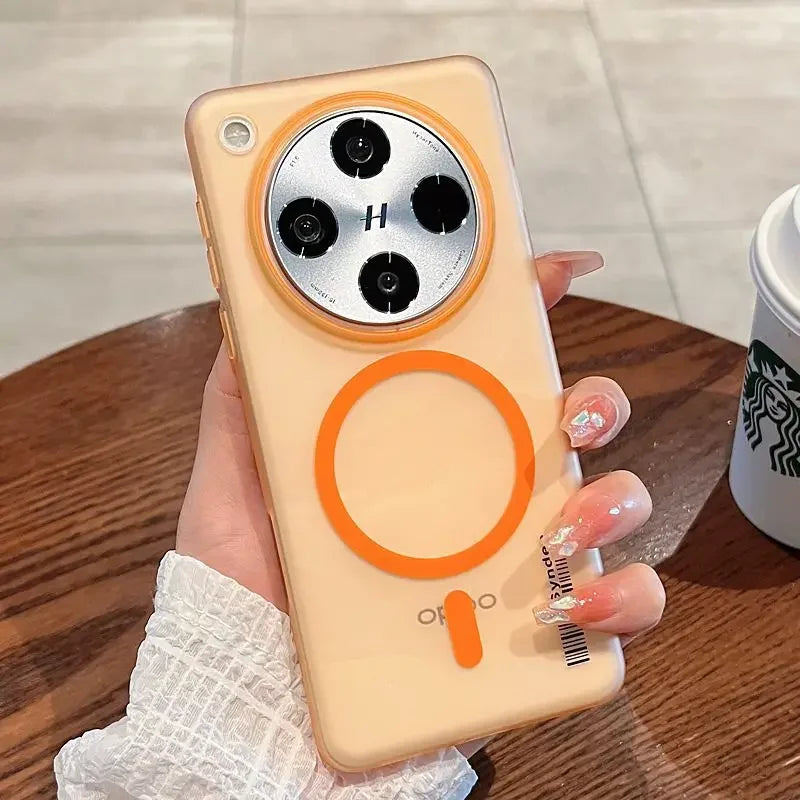 A beige phone case with a large circular camera cutout and an orange magnetic ring.
