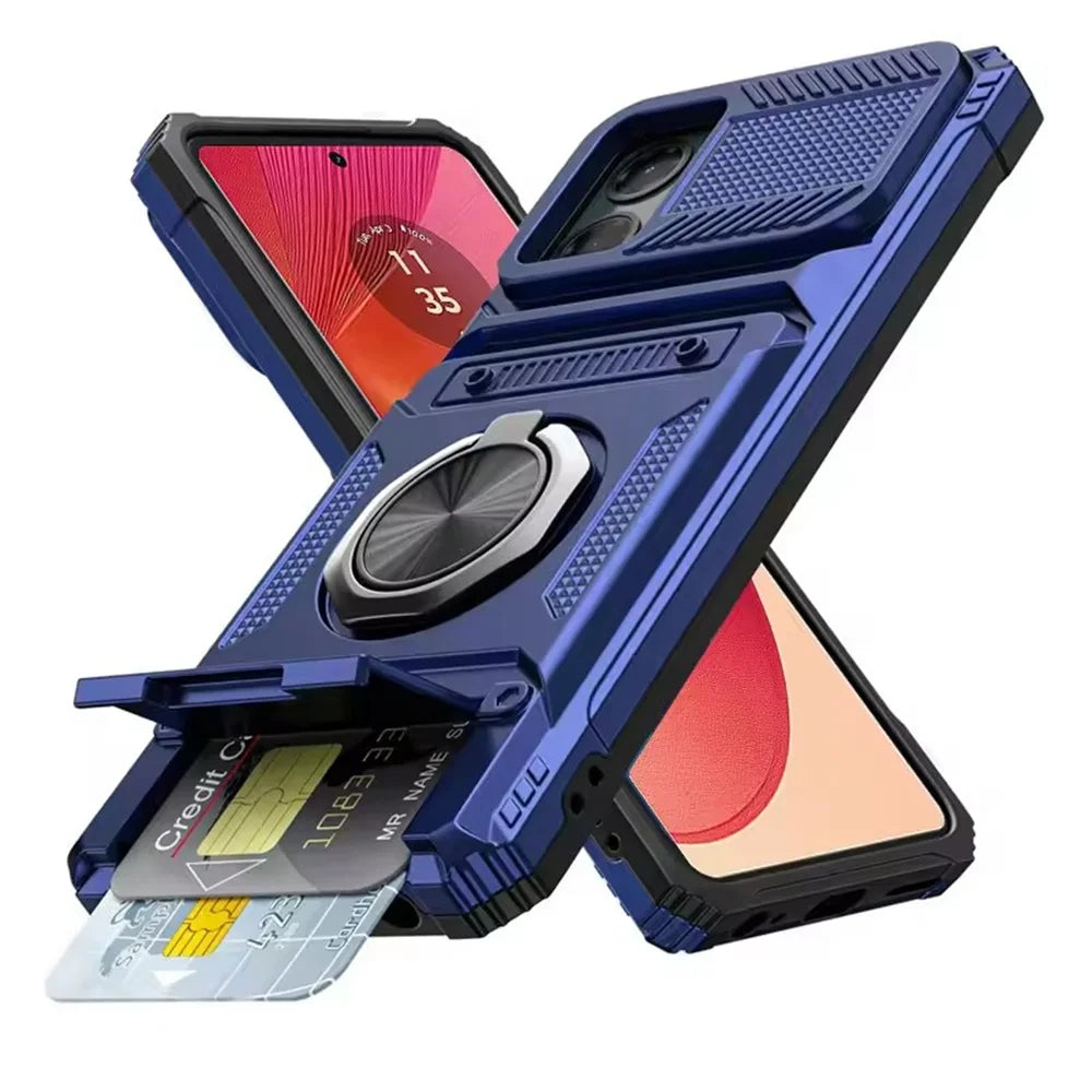 Blue rugged phone case with a kickstand, ring holder, and card slot.