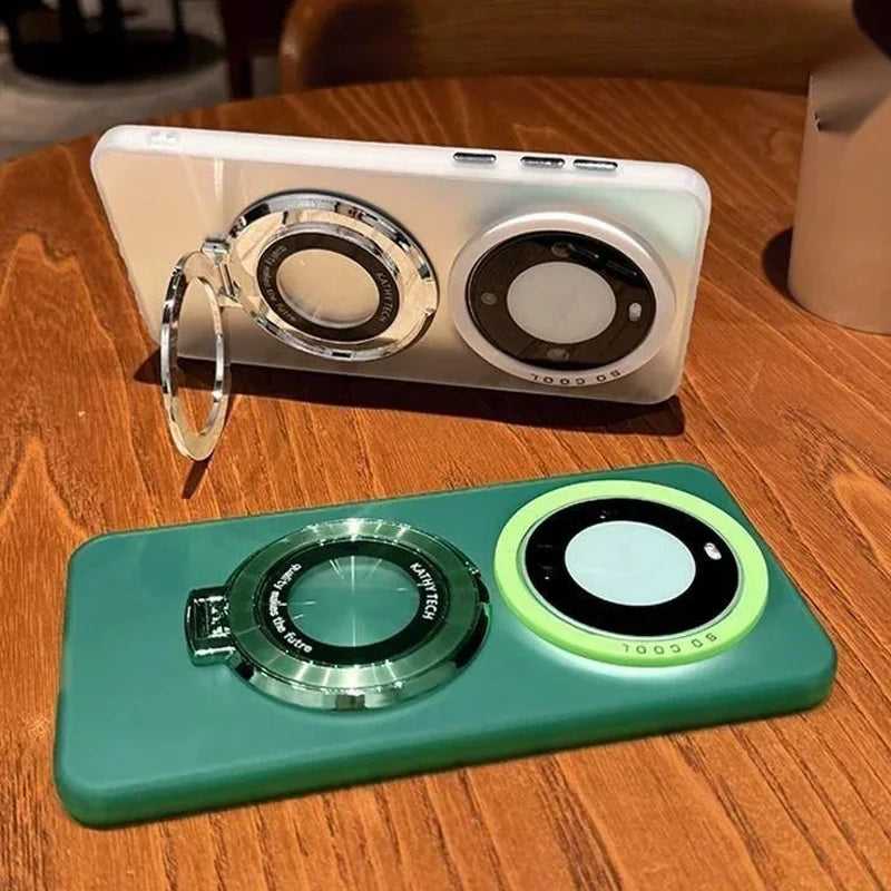 Two smartphone cases with large, circular camera-like designs and integrated kickstands.