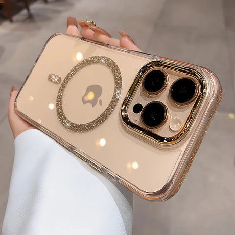 Glittering gold-accented clear iPhone case with a MagSafe ring.