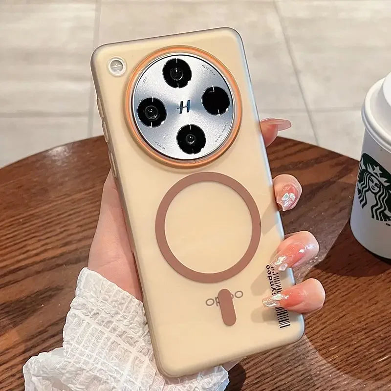 A beige smartphone with a large, circular camera module and a brown ring design on the back.