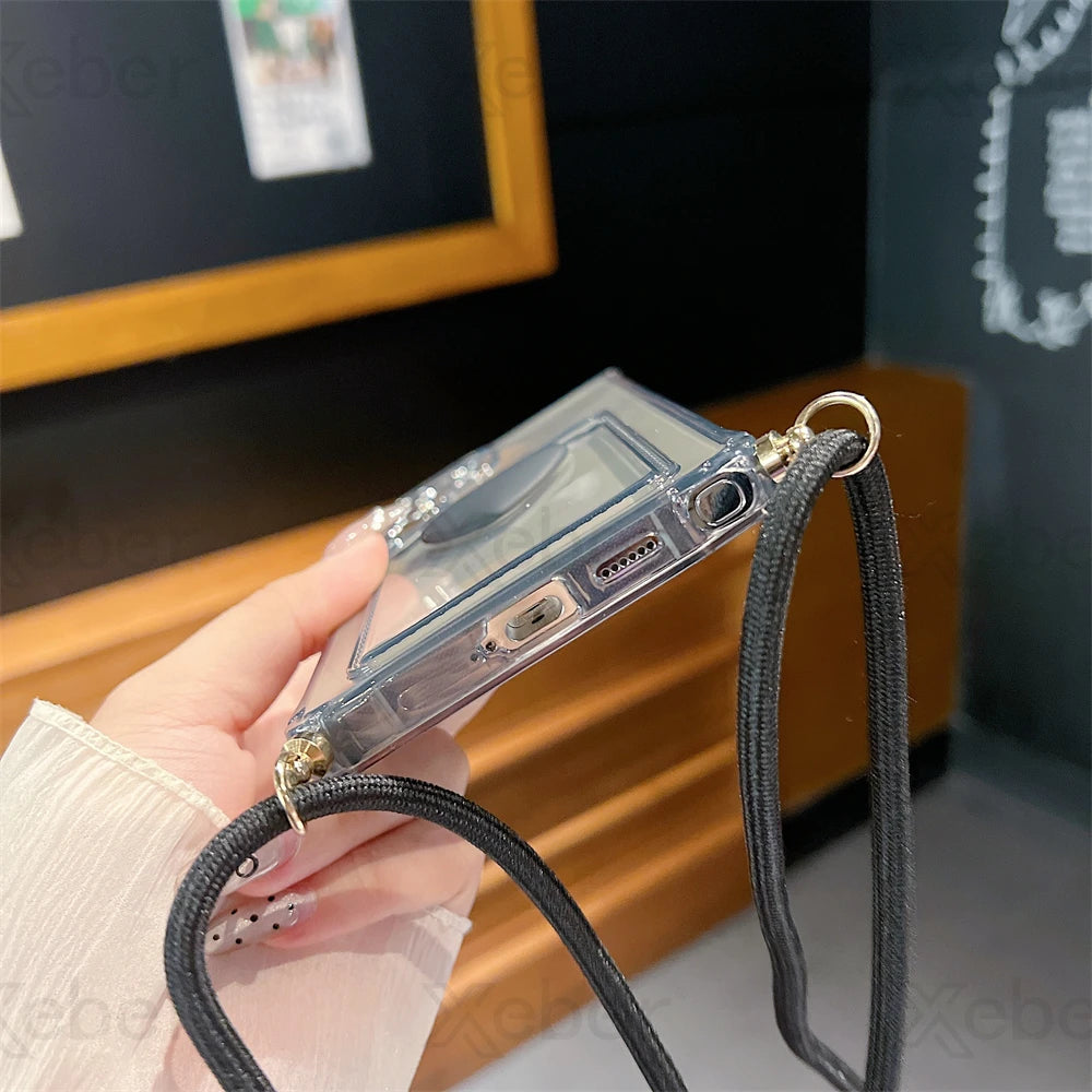Clear smartphone case with a black lanyard