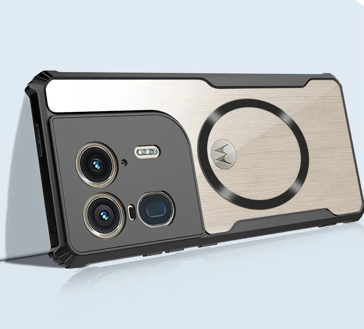 A smartphone in a two-tone protective case with multiple rear cameras and a circular magnetic attachment.