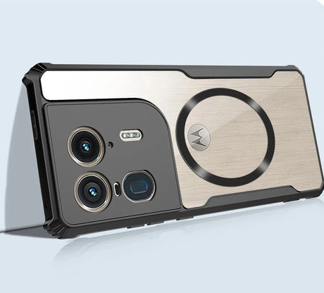 A smartphone in a two-tone protective case with multiple rear cameras and a circular magnetic attachment.